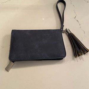 Suede Blue Wallet Wristlet with tassel